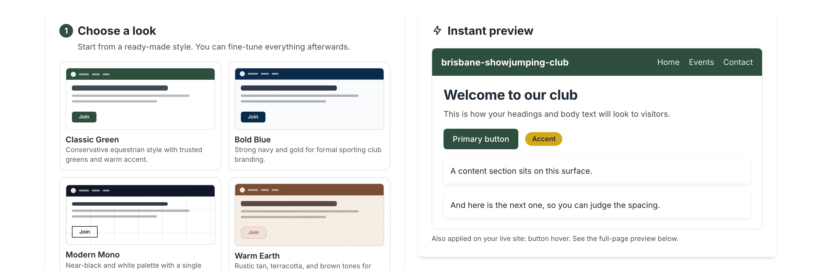 Horsify's club site theme builder: a grid of ready-made looks including Classic Green, Bold Blue, Modern Mono and Warm Earth, each with a colour preview, beside a live preview of the club's own site showing headings, buttons and content panels.
