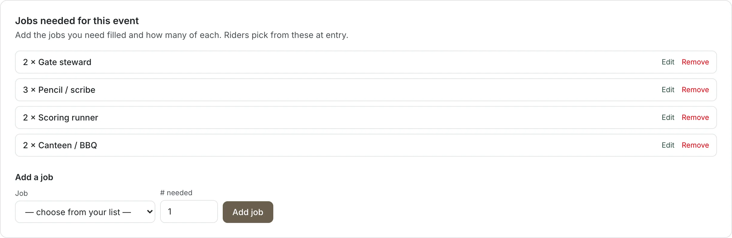 The helper jobs an event needs: two gate stewards, three pencils or scribes, two scoring runners and two canteen or barbecue helpers, each editable, with a control to add another job.