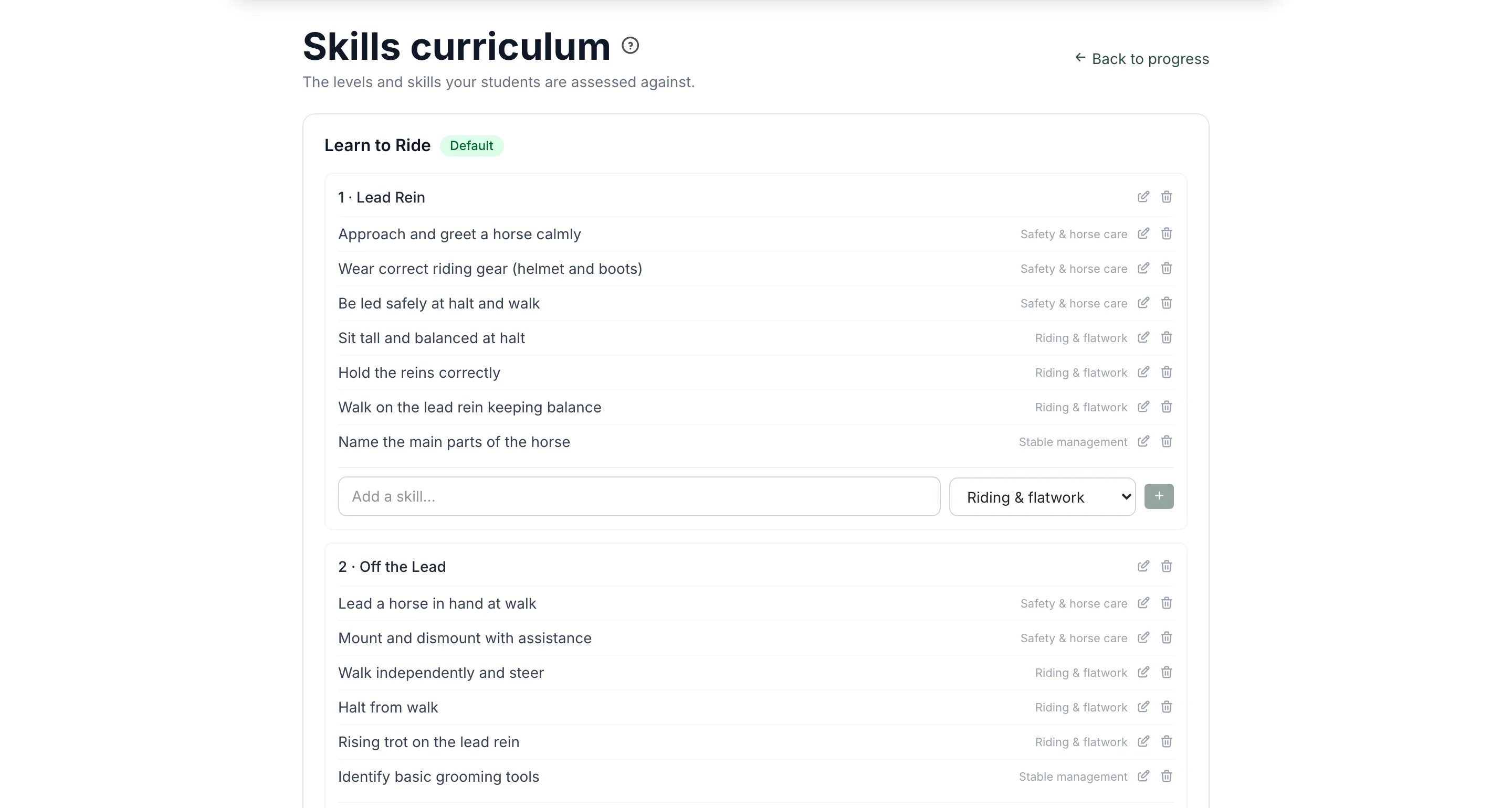 The Skills curriculum screen: a Learn to Ride programme with level 1 Lead Rein and level 2 Off the Lead, each listing assessable skills such as approaching a horse calmly, holding the reins correctly and rising trot on the lead rein, tagged by category.